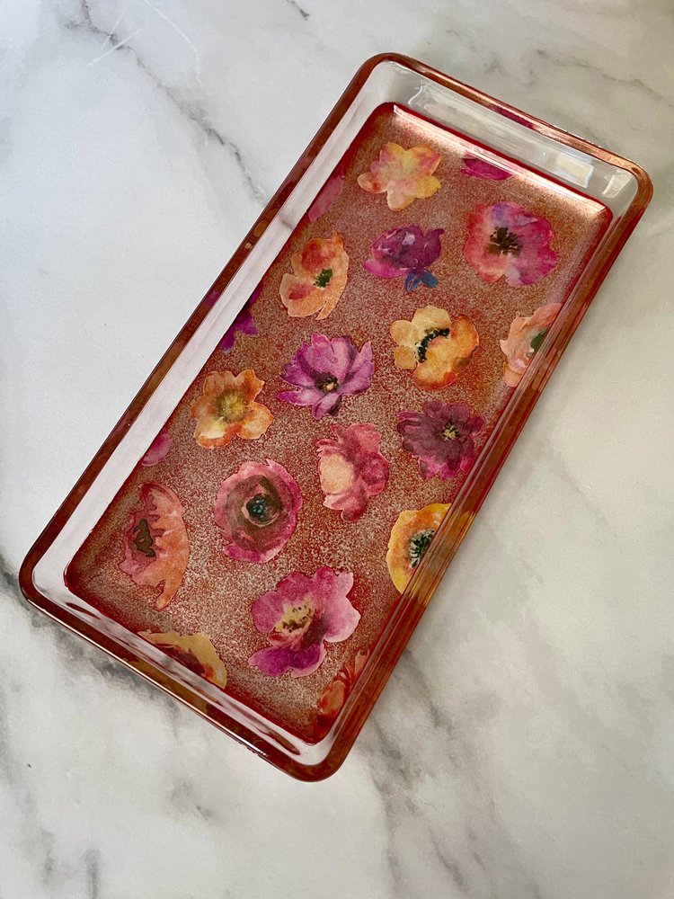 Rectangular glass trinket tray decoupaged with pink and orange watercolor florals