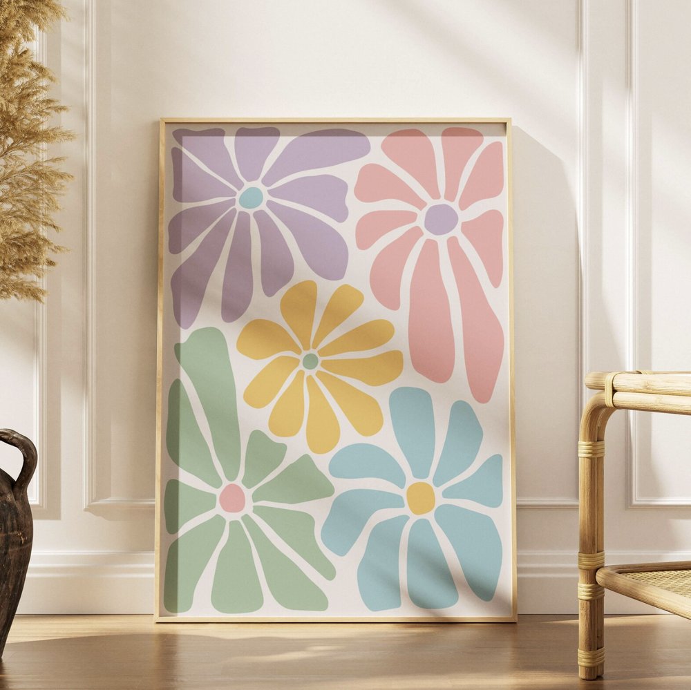 Art print of six large pastel daisy-style flowers in purple, pink, yellow, green, and blue