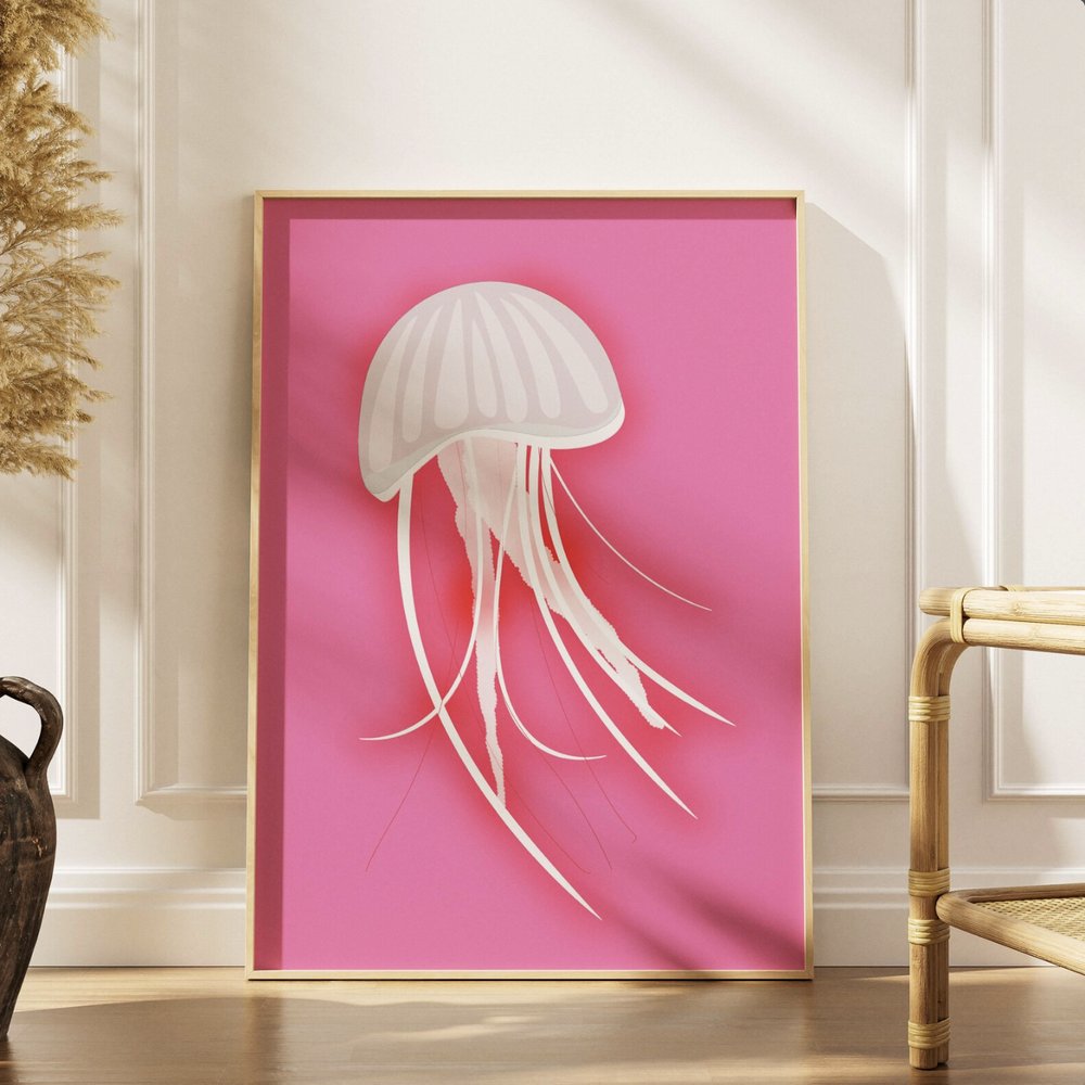 Art print of a white jellyfish on a bright pink background